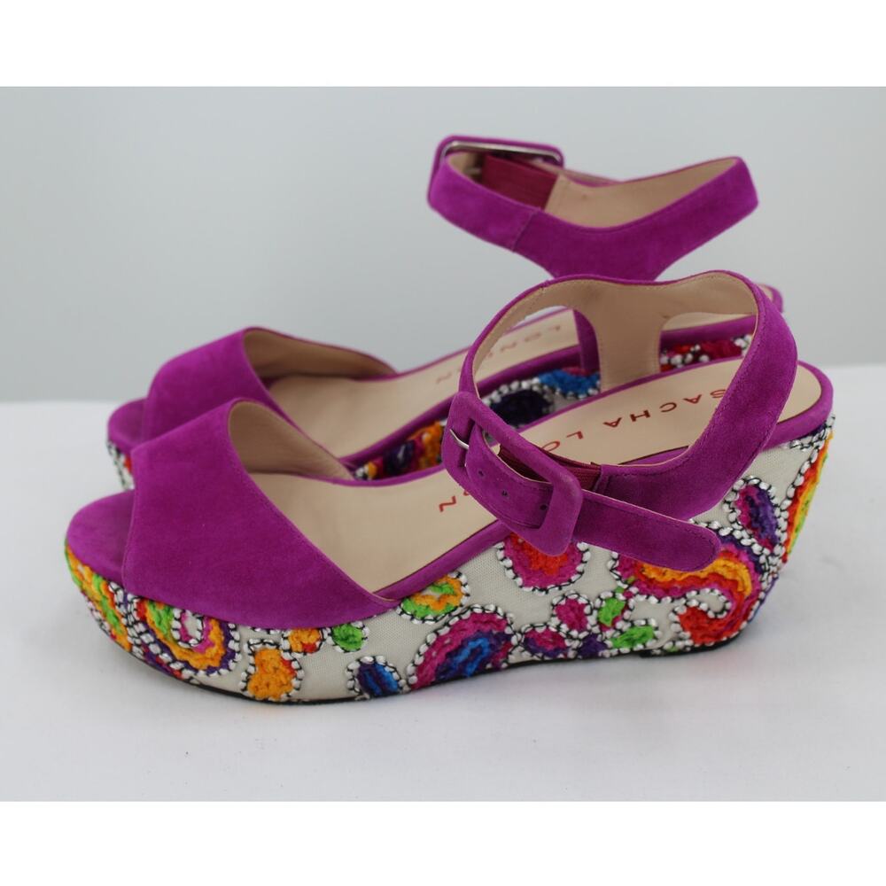 Sacha London Hot Pink Suede Wedges with Psychedelic Embroidery Womens 10